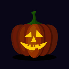Orange pumpkin lantern with a scary face for Halloween. Festive decoration. Cartoon vector illustration on dark background