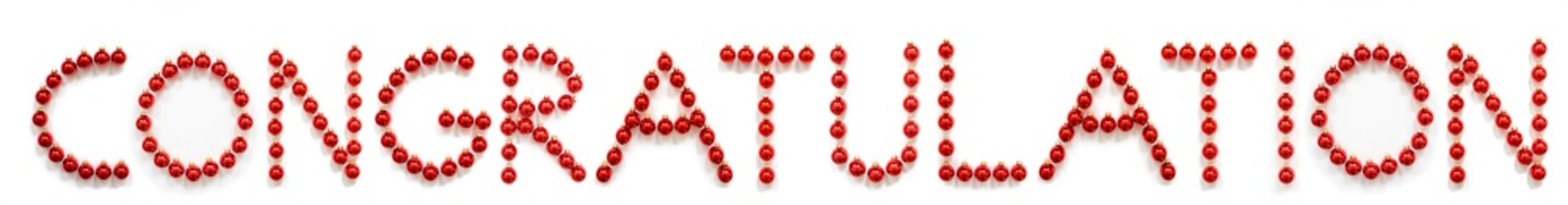 Red Christmas Ball Ornament Building English Word Congratulation. Festive Christmas Decoration. White Isolated Background