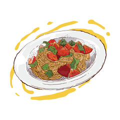 Spaghetti and vegetable and meat topping