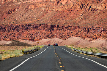 Natural american landscape with asphalt road to horizon.