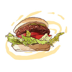 hand drawing of a burger with a meat and vegetable filling