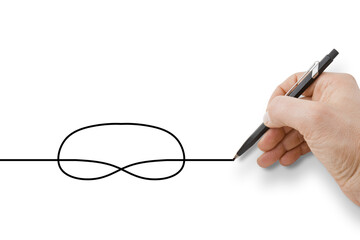 Hand holding a black pencil drawing a knot on white background