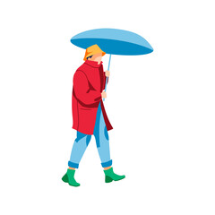 Person walking under umbrella. Autumn or spring season, rainy weather concept. Man spending time on nature with blue umbrella and in protective face mask flat vector illustration