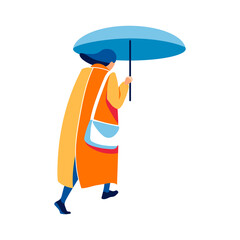 Woman walking under umbrella. Autumn or spring weather season, rainy day. Back view of girl dressed fashionable clothes spending time on nature with red umbrella flat vector illustration