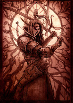 Elf swordsman with a long curved sword in his hands, in armor with long hair on the background of a beautiful stained glass window with many patterns of roots. 2D