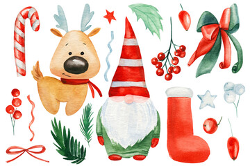 Toy Santa, elf and deer. New Year and Christmas elements watercolor illustration.