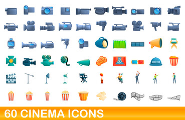 60 cinema icons set. Cartoon illustration of 60 cinema icons vector set isolated on white background