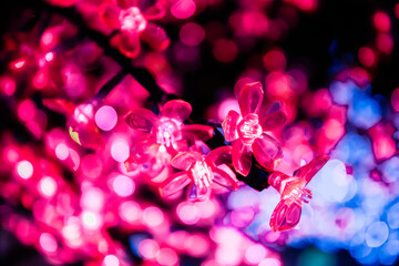 Naklejka na ściany i meble New Year or Christmas city illumination cherry or sakura tree. Street decoration. Banner with the holiday mood. Beautiful garden lights. Abstraction art background