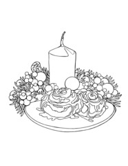 Christmas wreath with candle, greeting card.