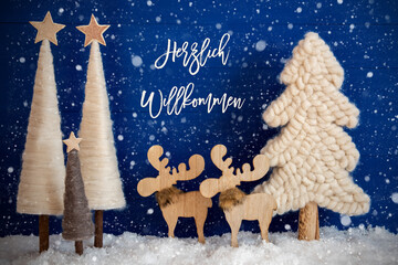 German Calligraphy Herzlich Willkommen Means Welcome On Blue Background With Snow. Decoration And Ornament Like Christmas Trees And A Moose Couple With Snowflakes.