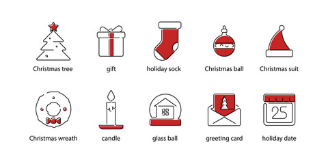 Christmas Line Icons Set. Christmas holiday celebrations icons collection. Vector illustration.