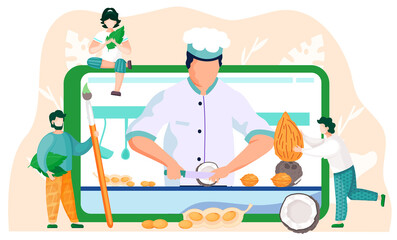 A man carries an almond in his hands, a guy stands with brush in his hands and leaves under his arm. Girl meditates while sitting on the tablet. Online culinary lesson. Chef on the screen cuts coconut