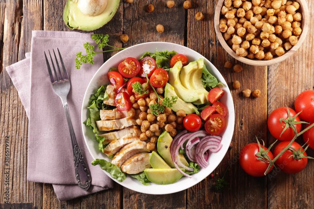 Canvas Prints buddhah bowl- vegetable salad with chicken, chickpea, avocado and tomato