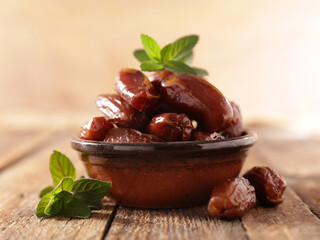 fresh fruits dates and mint on wood background