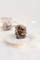Christmas chocolate chip cookie with lights on white background
