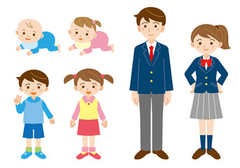 男の子と女の子の成長イラストセット/白背景
