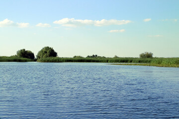 Paisaje del humedal del delta del Danubio en Rumanía. Paisaje compuesto por el agua de la laguna y el cielo, observándose la vegetación acuática en el horizonte . Laguna Gorgova.