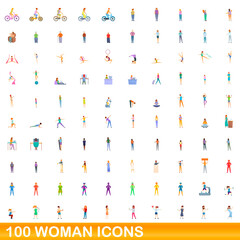 100 woman icons set. Cartoon illustration of 100 woman icons vector set isolated on white background