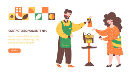 Nfc payment, flat vector landing page template. Money transfer.