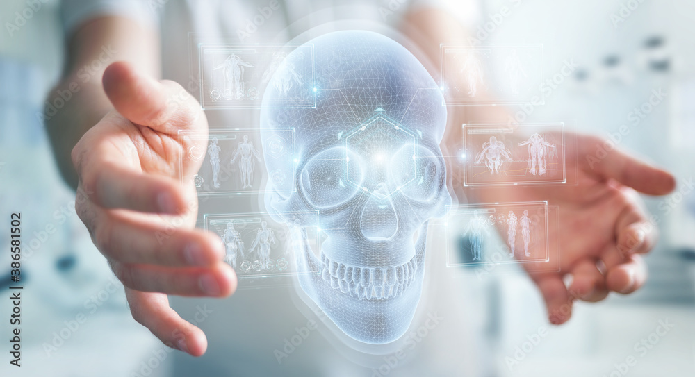 Aufkleber Man using digital x-ray skull holographic scan projection 3D rendering