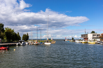 Fototapeta na wymiar Marina and harbor for fishing boats in Frombrok on Vistula Lagoon. Poland.