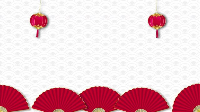 Oriental style motion graphic with red Chinese lanterns and fans on gray pattern background with copy space