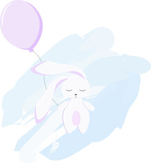 Cute rabbit with a balloon on a watercolor background. Vector illustration