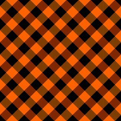 Diagonal tartan Halloween plaid. Scottish pattern in orange and black cage. Scottish cage. Traditional Scottish checkered background. Seamless fabric texture. Vector illustration