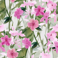 seamless watercolor floral pattern with pink flowers and green leaves