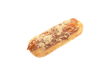 Eclair cake with walnuts and custard filling with nuts isolated on white