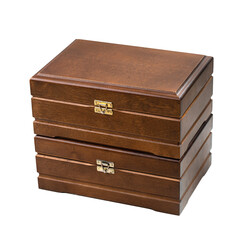 two brown wooden crate with lid and latch isolated on white background. Storage box