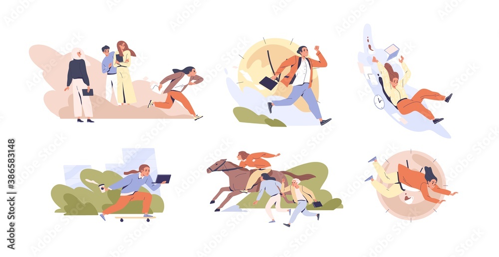 Poster set of scenes of hectic pace of life vector flat illustration. collection of different people in hur
