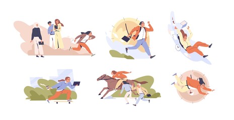 Set of scenes of hectic pace of life vector flat illustration. Collection of different people in hurry. Busy men and women running isolated on white. Deadline and time management concept