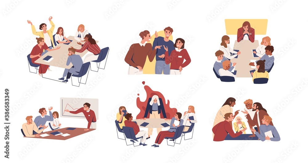 Poster collection of scenes of tense and toxic environment in the office. conflicts and disagreement at bus