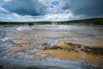 hydrothermal area of great fountain geyser in yellowstone national park, wyoming in the usa