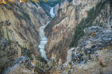 lower falls of the yellowstone national park from artist point at sunset, wyoming, usa