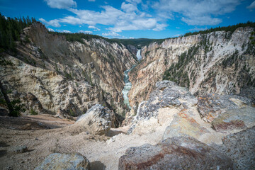lower falls of the yellowstone national park from artist point, wyoming, usa