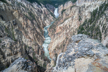 lower falls of the yellowstone national park from artist point, wyoming, usa