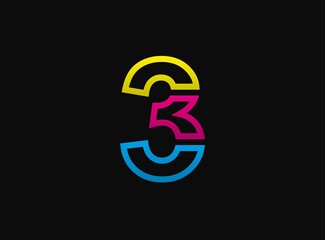 3 number logo, vector desing font .Dynamic cmyk split blue, pink, yellow color on black background.  