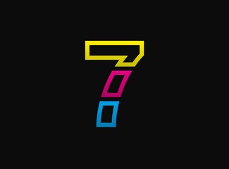 7 number logo, vector desing font .Dynamic cmyk split blue, pink, yellow color on black background.  