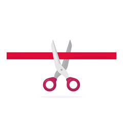Open scissors with ribbon. Cutting red ribbon with pair of scissors. Flat metallic scissors with red grip. Opening event or ceremony flat style vector illustration.