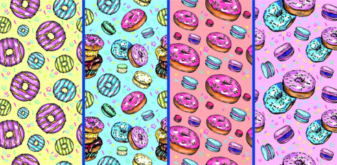 Fototapeta na wymiar Seamless vector set of prints with colored donuts. Bright, colorful pattern for packaging paper, printing, covers and leaflets. Donuts and macaroons.
