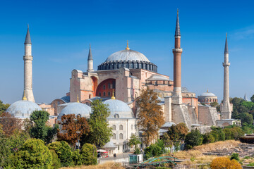 Fototapeta na wymiar Beautiful view of Hagia Sophia in Istanbul. The world famous monument of Byzantine architecture Hagia Sophia at sunny autumn day, Istanbul, Turkey.