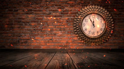 Obraz na płótnie Canvas A dark room with brick walls, a clock on the wall. Time shows 12 o'clock, New Year and Christmas 2021. Interior with clock. Night Lights.