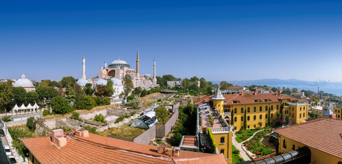 Panoramic view of Istanbul old town with world famous Hagia Sophia at sunny autumn day, Istanbul, Turkey.