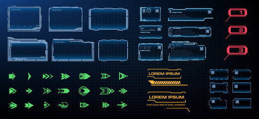 Set of arrows, titles, labels, pointers, frames, information windows for video games, websites, or HUD interfaces. Set of futuristic digital elements for user interface