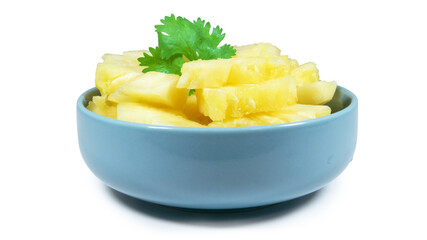 pineapple sliced serve on the blue bowl, closeup photoshoot & isolated on the white background.