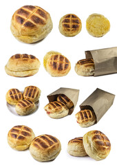 Set of round bun charcoal grilled serve with crispy bread skin, isolated on the white background,