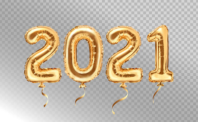 2021 golden decoration holiday on transparent background. Gold foil balloons numeral 2021. Happy new year 2021 holiday. Realistic 3d vector illustration