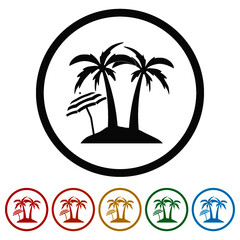 Palm tree at island ring icon, color set